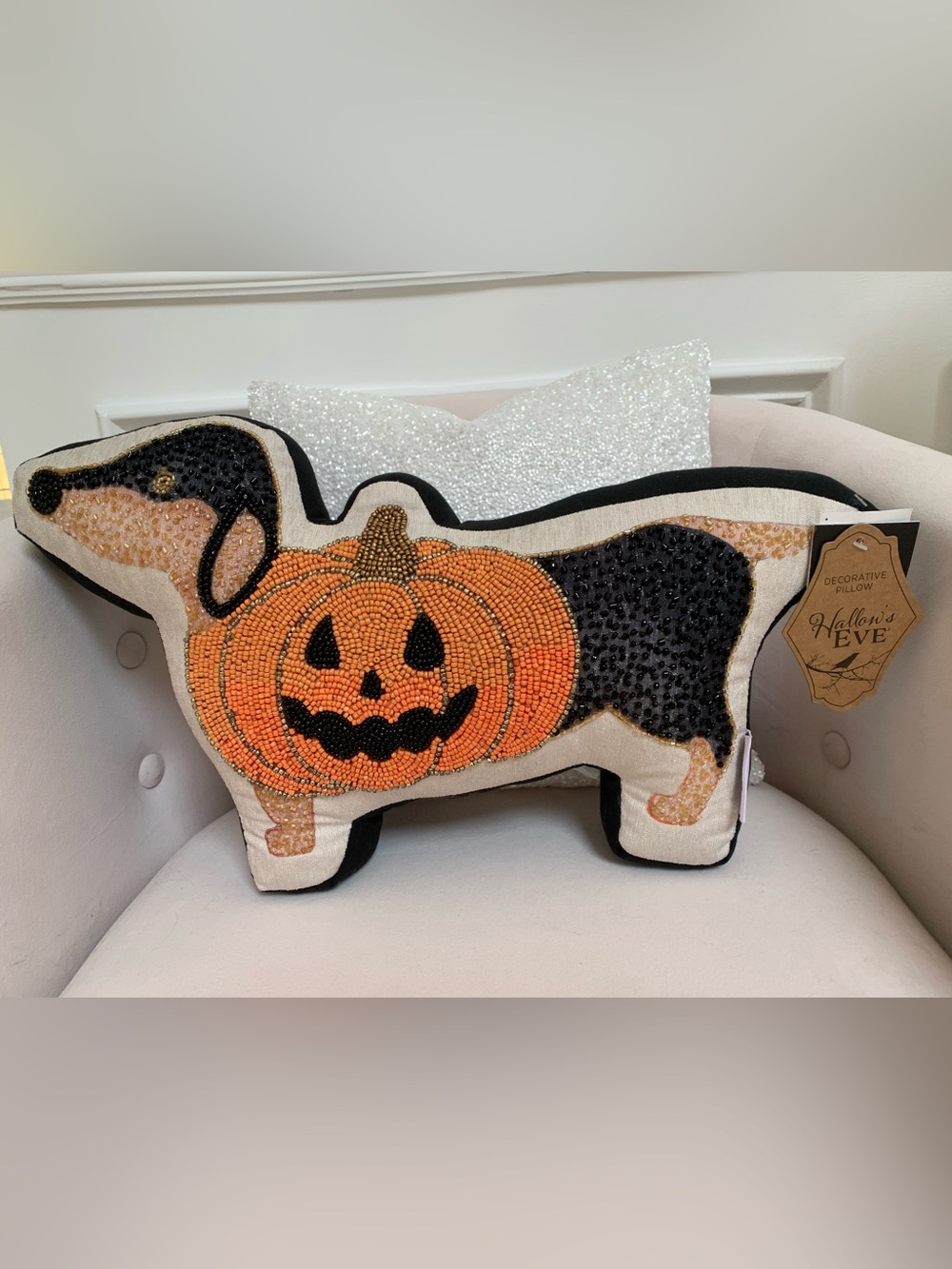 Beaded Halloween Dachshund Pumpkin Decorative Pillow - Orange & Black